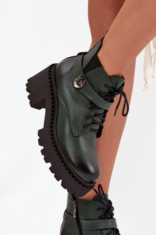 Kožené Dámske čižmy Zapnuté Klocku so zdobenými podpätkami zahriať sa Zazoo 60557 khaki farby Kožené Dámske čižmy Zapnuté Klocku so zdobenými podpätkami zahriať sa Zazoo 60557 khaki farby