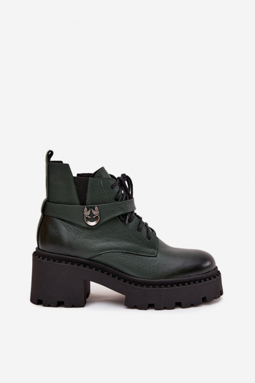 Kožené Dámske čižmy Zapnuté Klocku so zdobenými podpätkami zahriať sa Zazoo 60557 khaki farby Kožené Dámske čižmy Zapnuté Klocku so zdobenými podpätkami zahriať sa Zazoo 60557 khaki farby