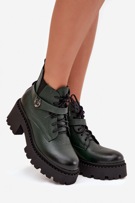 Kožené Dámske čižmy Zapnuté Klocku so zdobenými podpätkami zahriať sa Zazoo 60557 khaki farby Kožené Dámske čižmy Zapnuté Klocku so zdobenými podpätkami zahriať sa Zazoo 60557 khaki farby