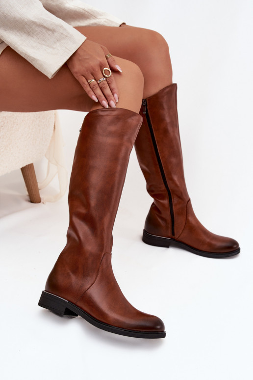 Kožené dámske čižmy so širokými podpätkami zahriať sa Zazoo 70150 Hnedá farba