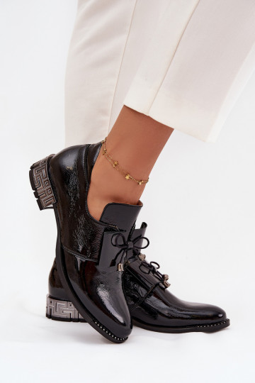 s lakovým efektom topánky Dámske Zapnuté nízkom opätku so stuhami Zazoo 1399 čierna