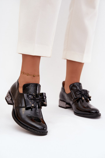 s lakovým efektom topánky Dámske Zapnuté nízkom opätku so stuhami Zazoo 1399 čierna 2