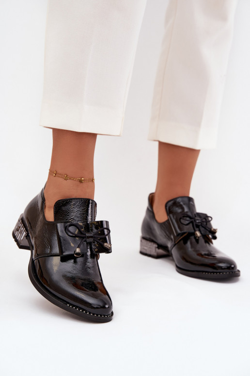 s lakovým efektom topánky Dámske Zapnuté nízkom opätku so stuhami Zazoo 1399 čierna