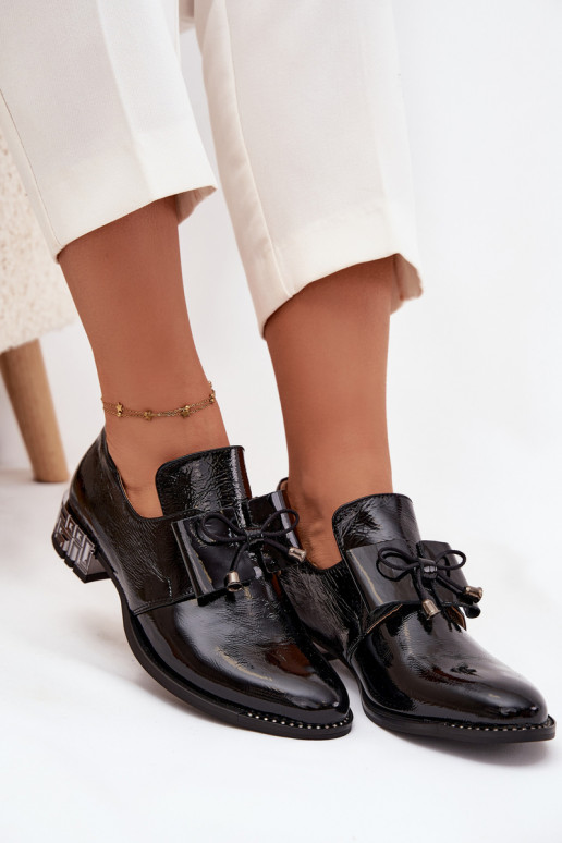 s lakovým efektom topánky Dámske Zapnuté nízkom opätku so stuhami Zazoo 1399 čierna