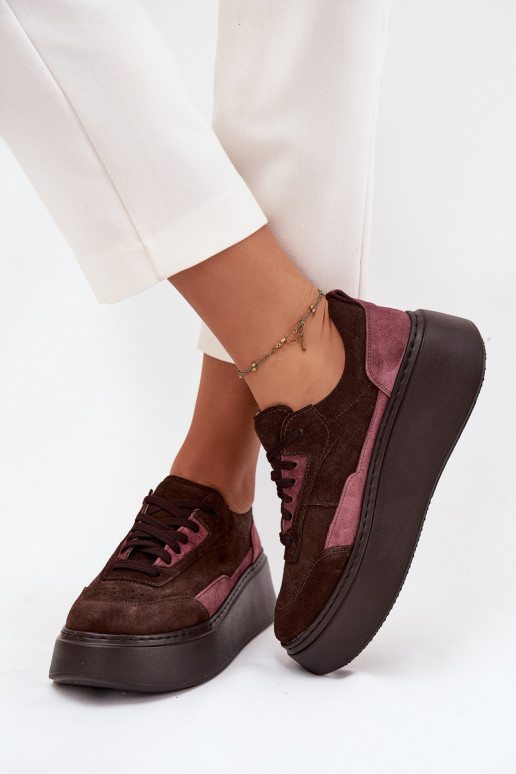 Tenisky model obuvi DámskeZapnutéturalnego zo semišuu s platformou Zazoo N1265S3 CzekoladoIne