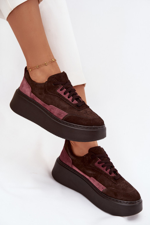 Tenisky model obuvi DámskeZapnutéturalnego zo semišuu s platformou Zazoo N1265S3 CzekoladoIne