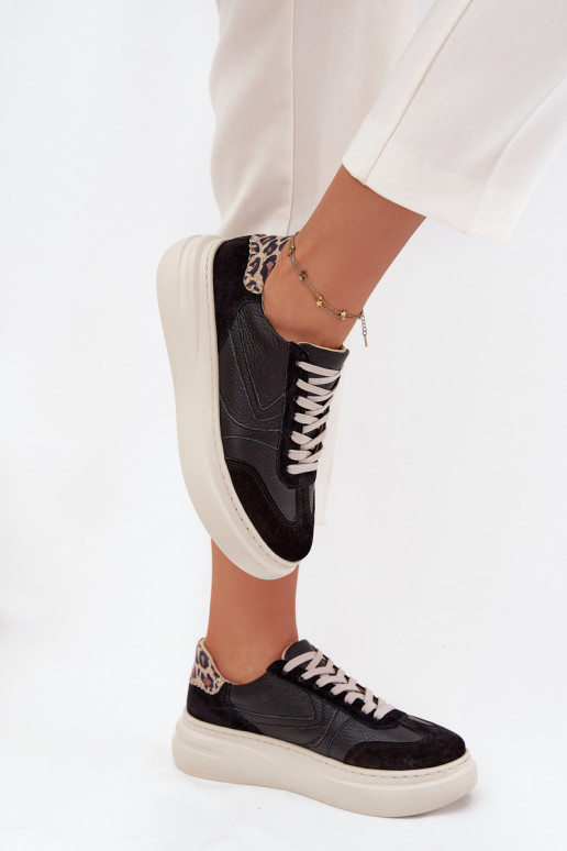 Kožené Tenisky model obuvi Dámske s platformou so vzormi leopardej kožušiny Zazoo N1263 čierna Kožené Tenisky model obuvi Dámske s platformou so vzormi leopardej kožušiny Zazoo N1263 čierna