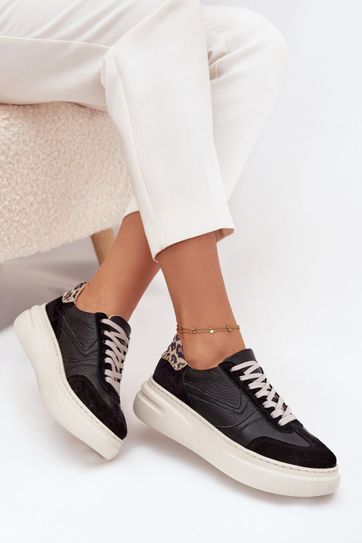 Kožené Tenisky model obuvi Dámske s platformou so vzormi leopardej kožušiny Zazoo N1263 čierna Kožené Tenisky model obuvi Dámske s platformou so vzormi leopardej kožušiny Zazoo N1263 čierna