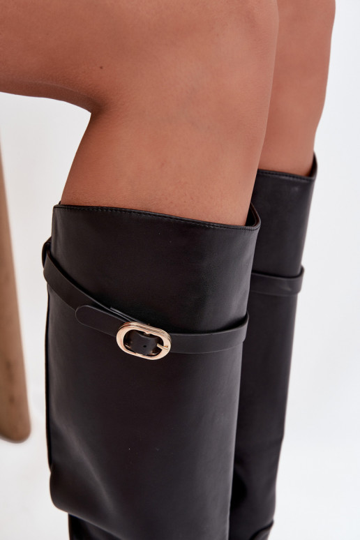 Dámske vysoké čižmy s širokými podpätkami, remienkami, zlatými prackami, čierne, Sylvena