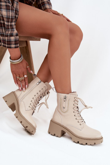 Kožené dámske čižmy s podpätkami, teplé Vinceza 86418 pieskovej farby