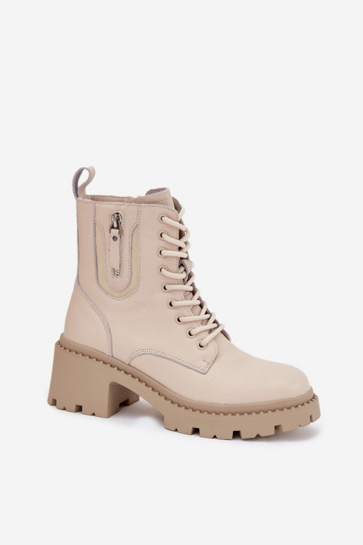 Kožené dámske čižmy s podpätkami, teplé Vinceza 86418 pieskovej farby