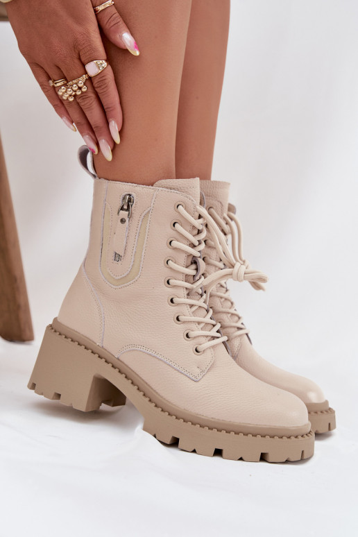 Kožené dámske čižmy s podpätkami, teplé Vinceza 86418 pieskovej farby