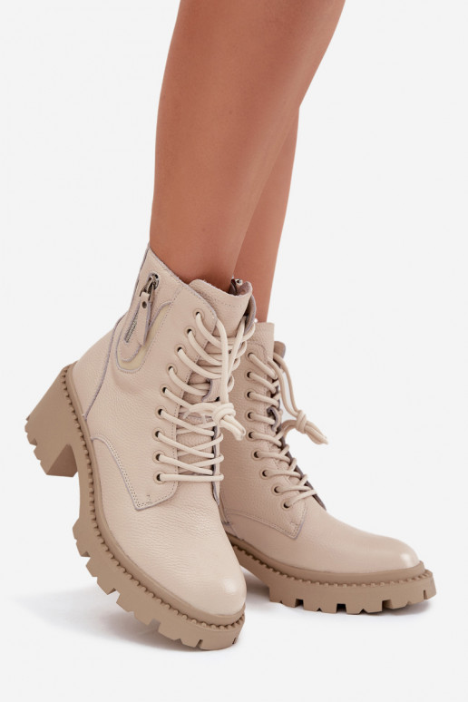 Kožené dámske čižmy s podpätkami, teplé Vinceza 86418 pieskovej farby