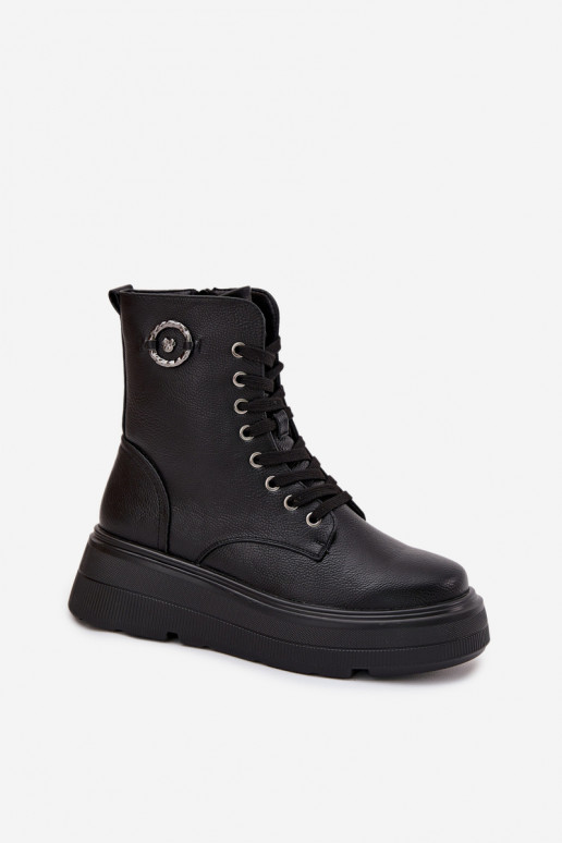 pracovné dámske členkové topánky zateplené s platformou a ozdobnými detailmi Vinceza 16513 v čiernej farbe