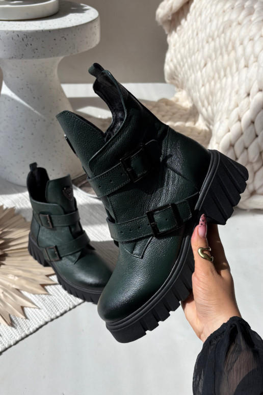 Kožené zateplené dámske čižmy so sponami a ozdobnými detailmi, Zazoo 60482, chaki farby Kožené zateplené dámske čižmy so sponami a ozdobnými detailmi, Zazoo 60482, chaki farby