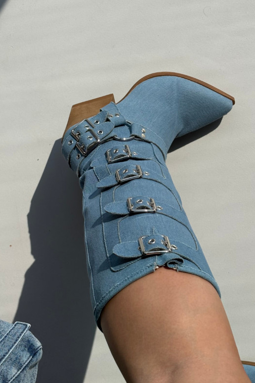 Vysoké boty v cowboyském stylu s podpatky a sponami z džínové látky, Fivelle