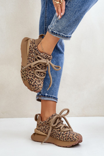 zo semišu Tenisky model obuvi Dámske s platformouGrubym Šnurovaniem so vzormi leopardej kožušiny Artiker 55C0135 Hnedá farba