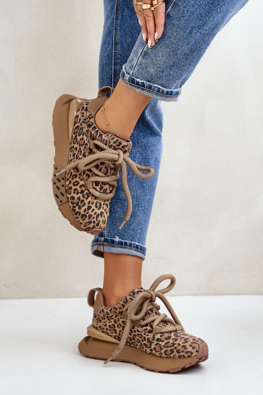zo semišu Tenisky model obuvi Dámske s platformouGrubym Šnurovaniem so vzormi leopardej kožušiny Artiker 55C0135 Hnedá farba