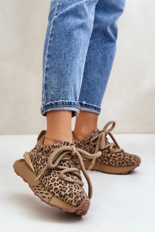 zo semišu Tenisky model obuvi Dámske s platformouGrubym Šnurovaniem so vzormi leopardej kožušiny Artiker 55C0135 Hnedá farba