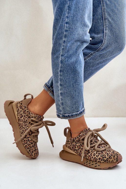 zo semišu Tenisky model obuvi Dámske s platformouGrubym Šnurovaniem so vzormi leopardej kožušiny Artiker 55C0135 Hnedá farba