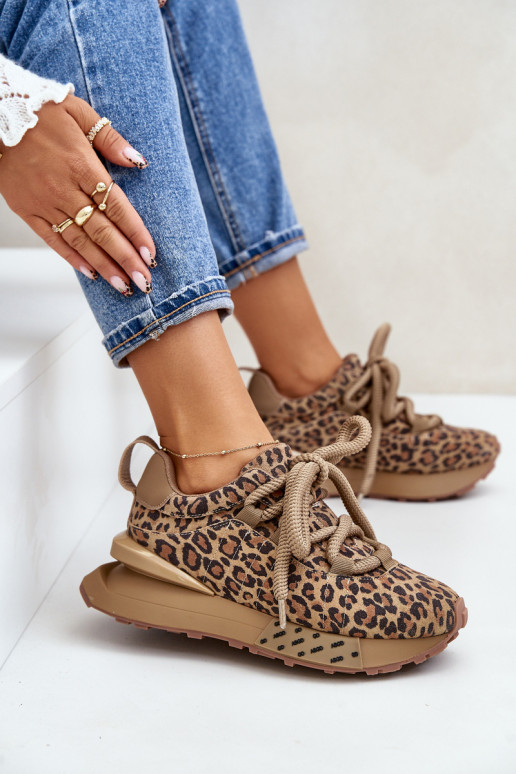 zo semišu Tenisky model obuvi Dámske s platformouGrubym Šnurovaniem so vzormi leopardej kožušiny Artiker 55C0135 Hnedá farba