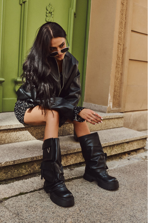 zahriať sa Trvalý model dámske čižmy s platformou s vreckami čierna Clarinda