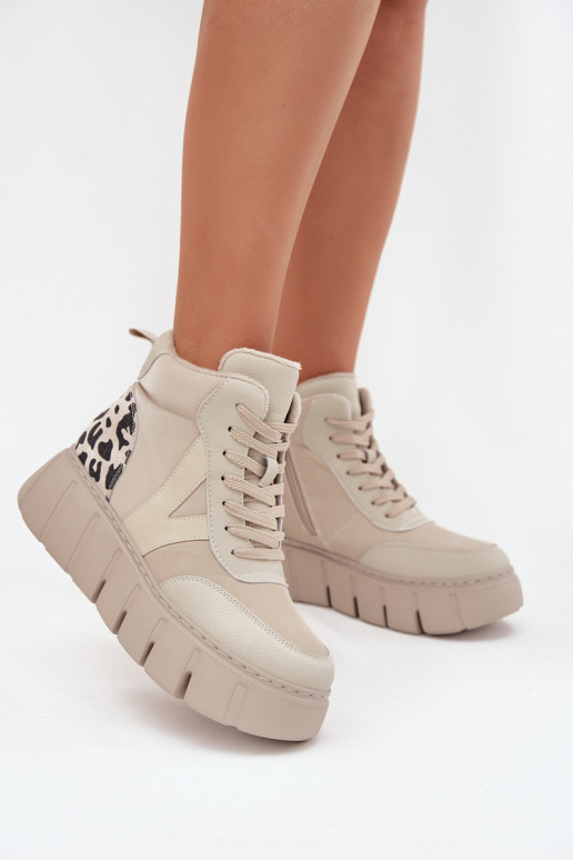 Pieskové kožené dámske teplé čižmy s platformou Vinceza 66838