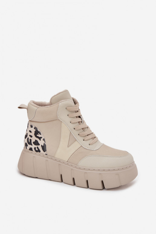 Pieskové kožené dámske teplé čižmy s platformou Vinceza 66838