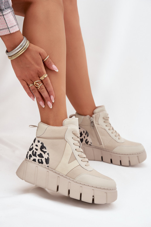 Pieskové kožené dámske teplé čižmy s platformou Vinceza 66838