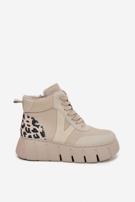 Pieskové kožené dámske teplé čižmy s platformou Vinceza 66838
