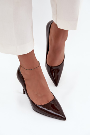 s lakovým efektom Eko Kožené štekle Dámske Ze Szpiczastymi Noskami CzekoladoIne Jadira