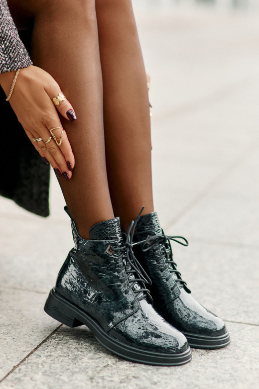 Kožené s lakovým efektom Dámske čižmy zahriať sa Zapnuté Hrad D&A LZ42-042 khaki farby