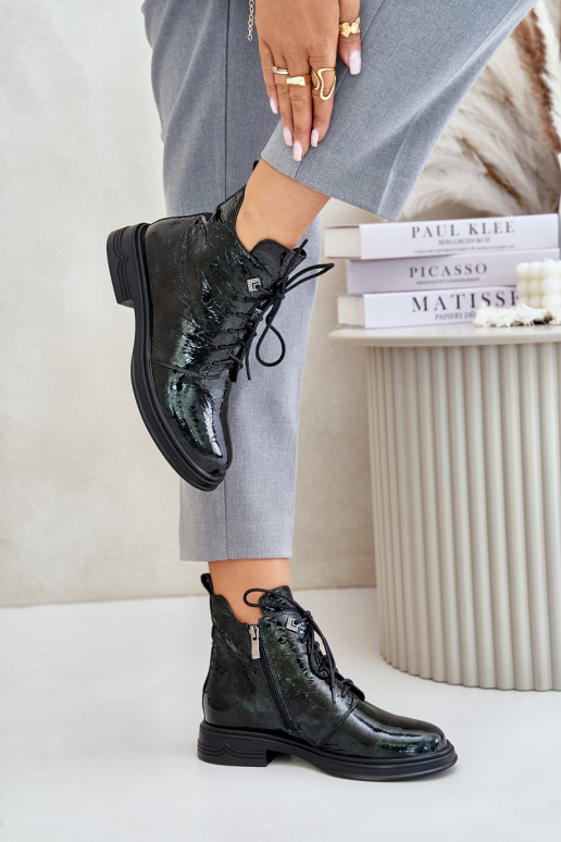 Kožené s lakovým efektom Dámske čižmy zahriať sa Zapnuté Hrad D&A LZ42-042 khaki farby