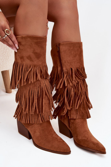 Zateplené cowboyské dlhé dámske topánky s třásňami v hnedej farbe Brivina