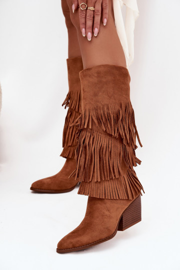 Zateplené cowboyské dlhé dámske topánky s třásňami v hnedej farbe Brivina 2