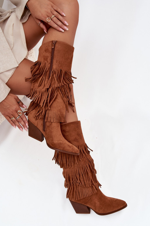 Zateplené cowboyské dlhé dámske topánky s třásňami v hnedej farbe Brivina