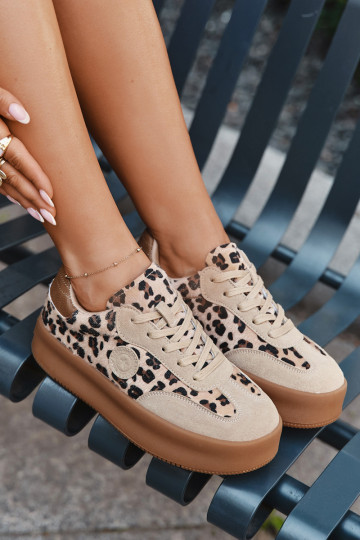 Módne dámske tenisky s platformou, s leopardím vzorom Big Star SS274763 pieskovej farby