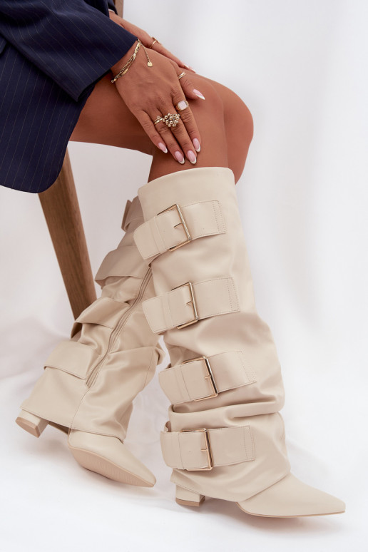 Dámske vysoké čižmy s podpätkami, so šitým jazykom a zlatými sponami farby slonoviny Isavelle