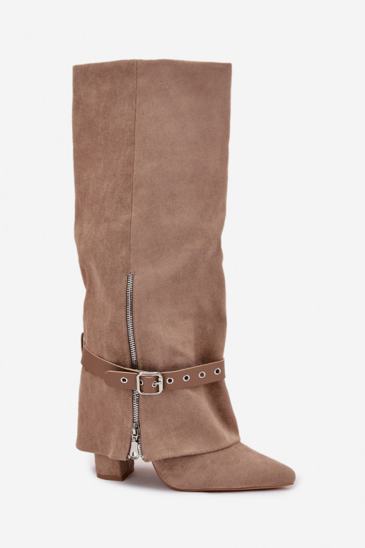 Dámske vysoké čižmy nazúvacie s podpätkami, s dekorovanými podpätkami pieskovej farby Jolivine