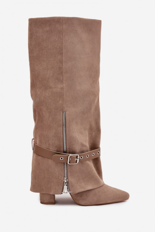 Dámske vysoké čižmy nazúvacie s podpätkami, s dekorovanými podpätkami pieskovej farby Jolivine