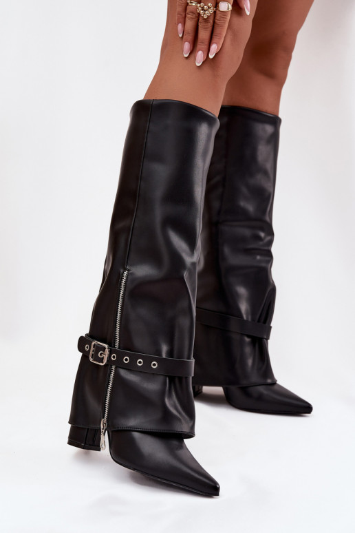 Dámske vysoké čižmy nazúvacie s podpätkami, s dekorovanými podpätkami z eko kože čiernej farby Jolivine