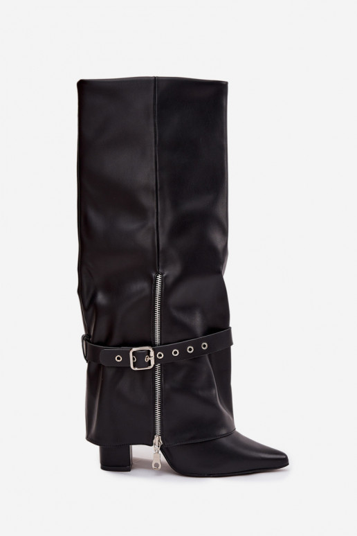 Dámske vysoké čižmy nazúvacie s podpätkami, s dekorovanými podpätkami z eko kože čiernej farby Jolivine