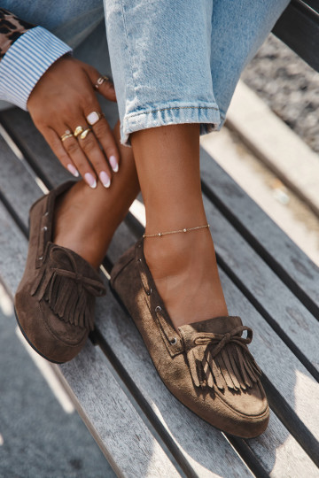 Dámske mokasíny s třásňami a mašľou v chaki farbe "Olivianne"