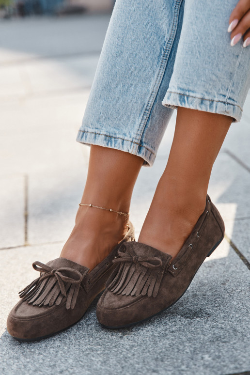 Dámske mokasíny s třásňami a mašľou v chaki farbe "Olivianne"