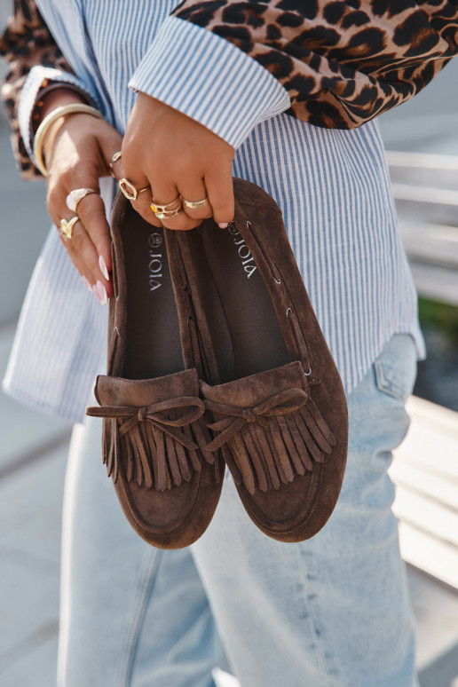 Dámske mokasíny s třásňami a mašľou v chaki farbe "Olivianne"