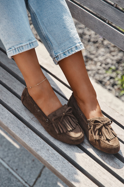 Dámske mokasíny s třásňami a mašľou v chaki farbe "Olivianne"