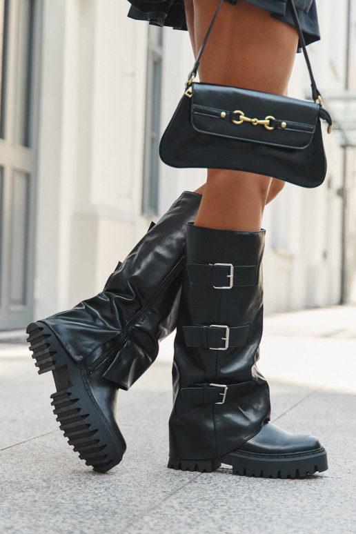 Pašiltiné dámske vysoké čižmy s striebornými sponami v čiernej farbe "Isavine"