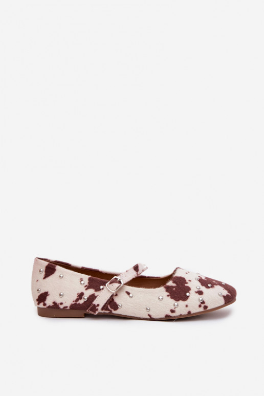 Dizajnované dámske baleríny s remienkami a vzorom v bielo-hnedej farbe Olivisse