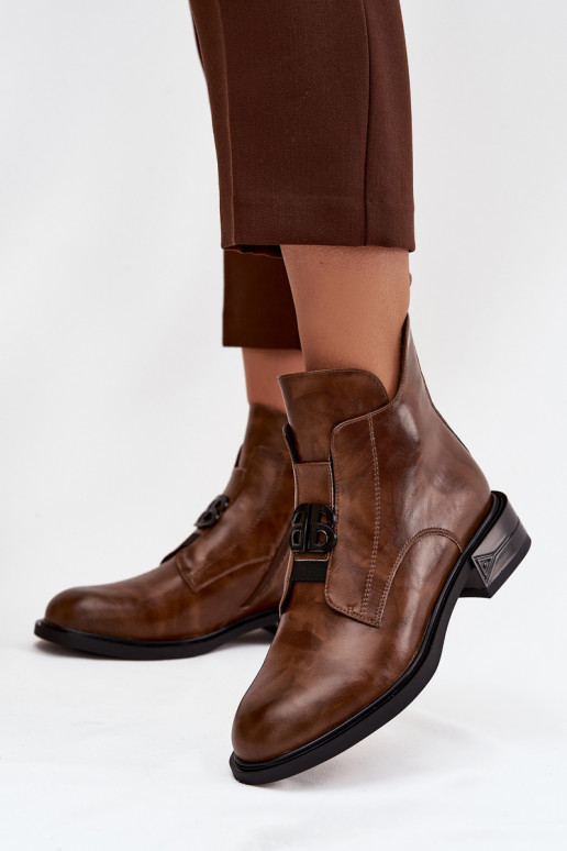 zahriať sa Kožené Dámske čižmy S Ornatem Detalem Hnedá farba Briselda