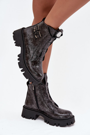 Kožené s lakovým efektom Dámske čižmy s ozdobami zahriať sa Artiker 57C2081 sivá